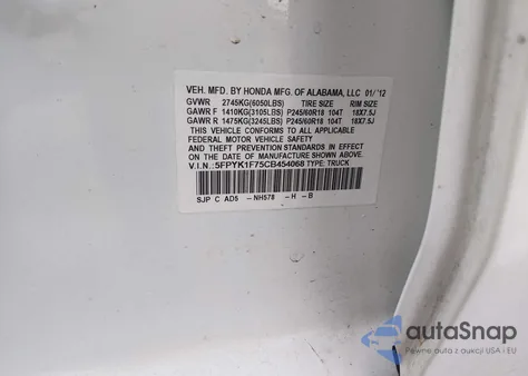 2012 Honda Ridgeline Sport from USA, damaged, VIN 5FPYK1F75CB454068